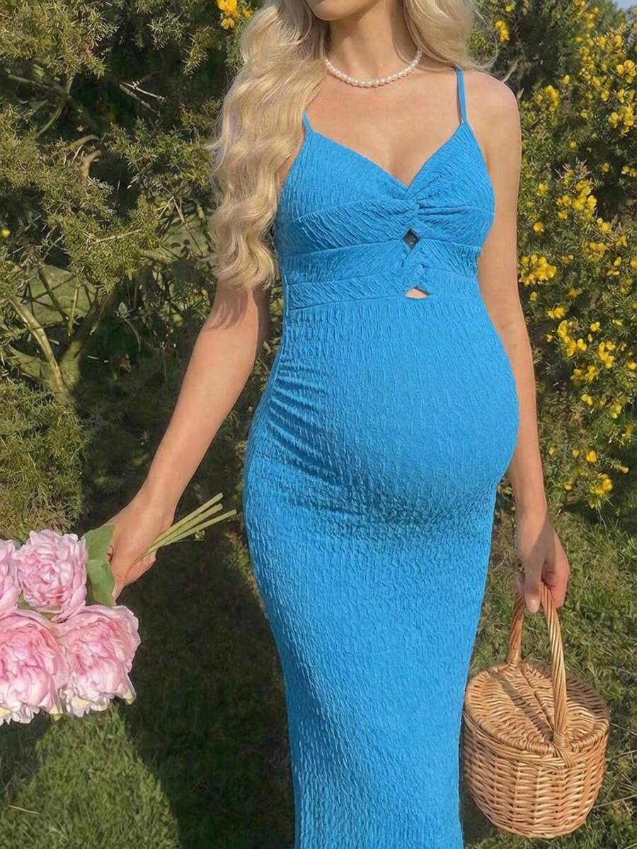 Maternity Summer Casual Solid Color Textured Front Twist Cami Dress