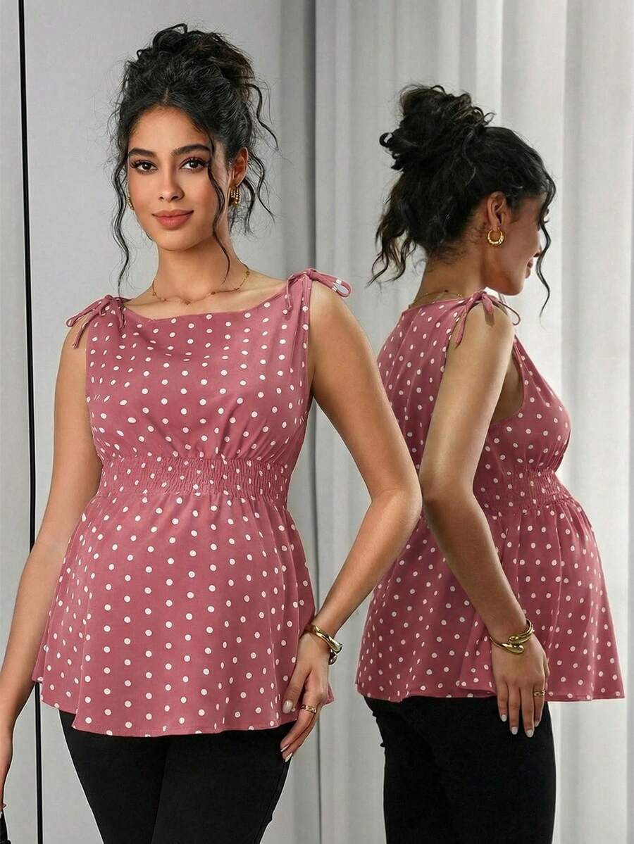 Maternity Polka Dot Print Knotted Shoulder & Waist Tunic - Stylish Geometric Shirred Boat Neck Sleeveless Tank Top in Apricot