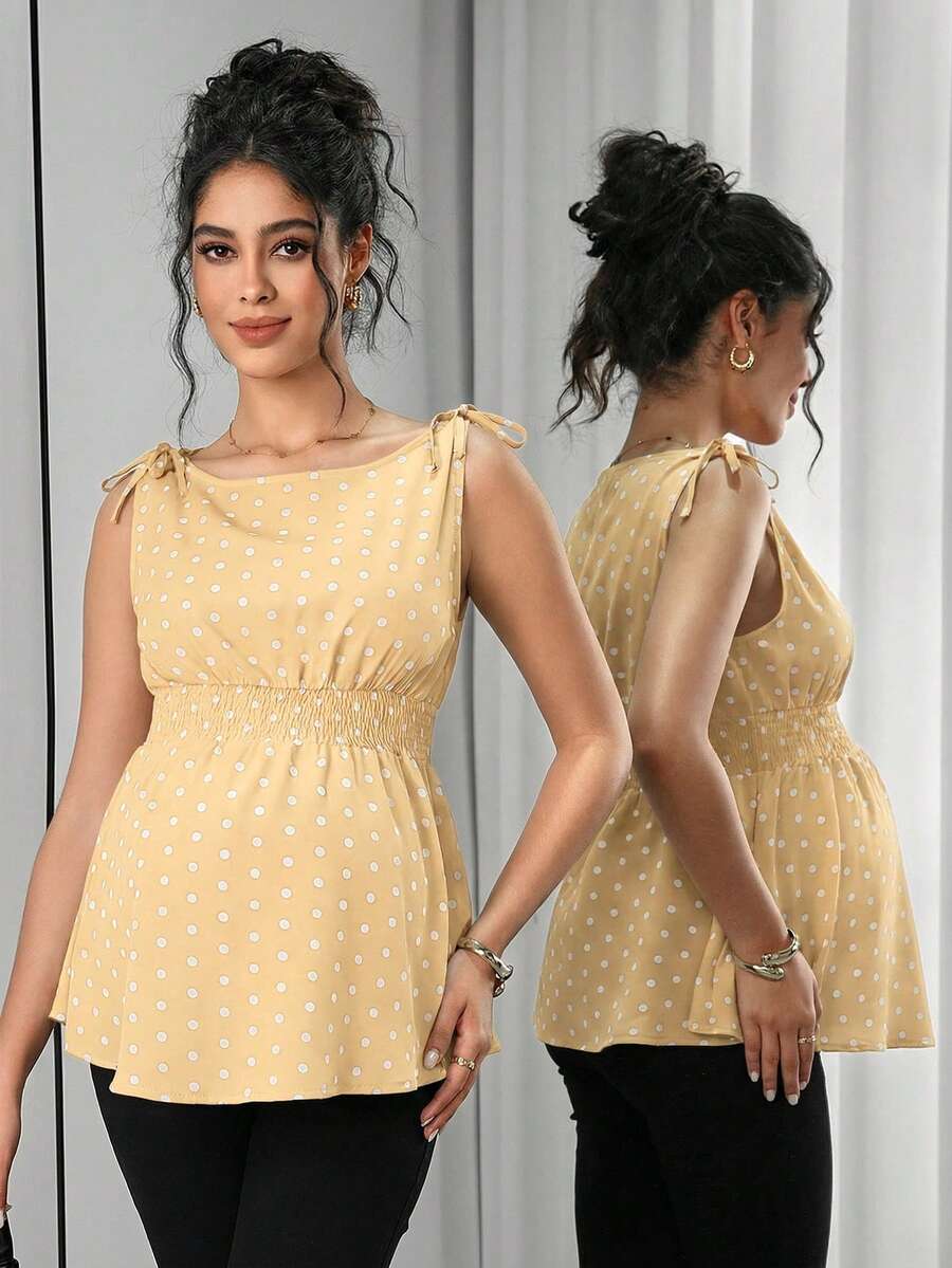 Apricot Geometric Print Shirred Boat Neck Maternity Tank Top - Casual Regular Fit Sleeveless Cami for Home and Everyday Wear