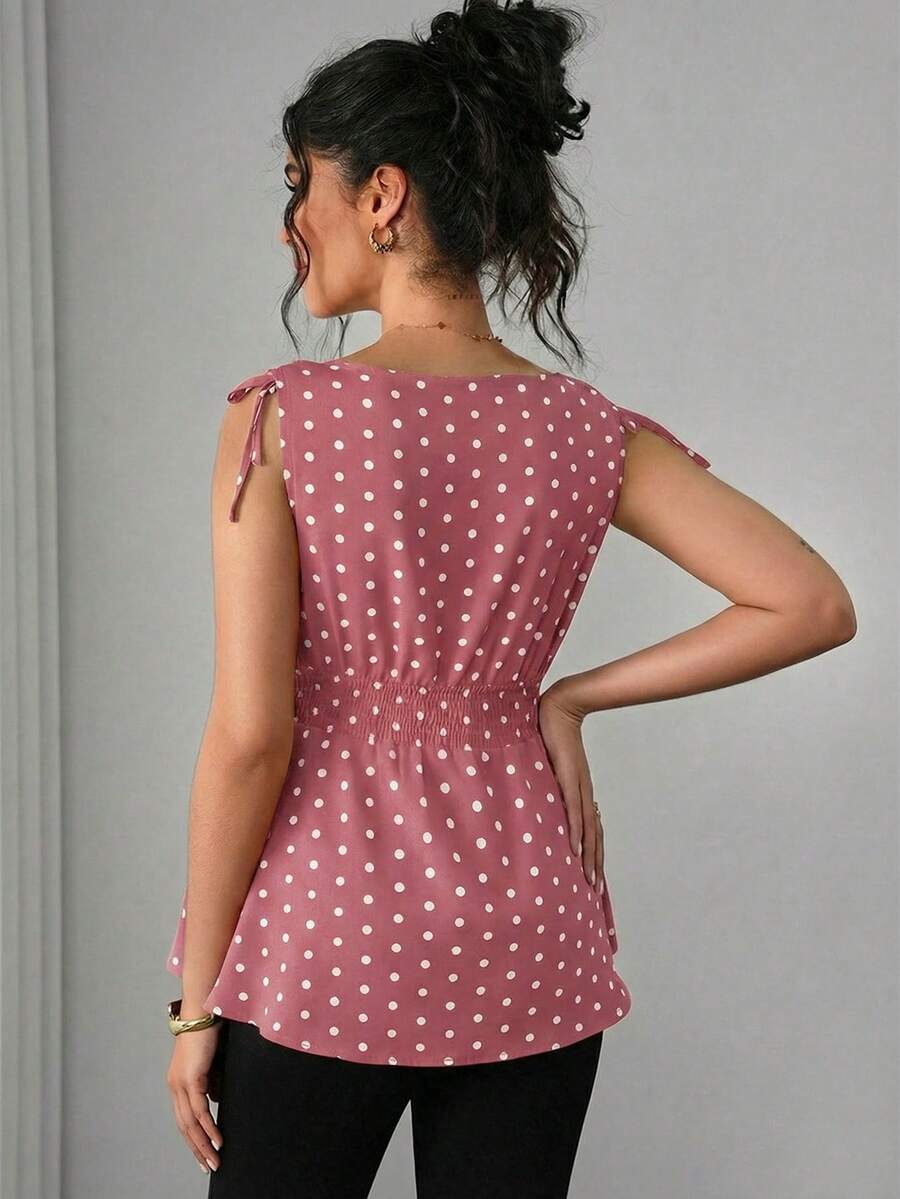 Maternity Polka Dot Print Knotted Shoulder & Waist Tunic - Stylish Geometric Shirred Boat Neck Sleeveless Tank Top in Apricot