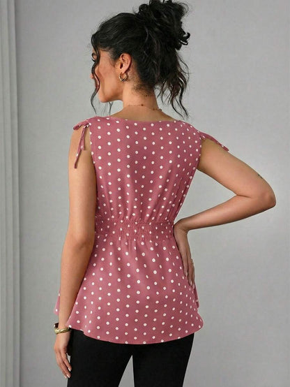 Maternity Polka Dot Print Knotted Shoulder & Waist Tunic - Stylish Geometric Shirred Boat Neck Sleeveless Tank Top in Apricot