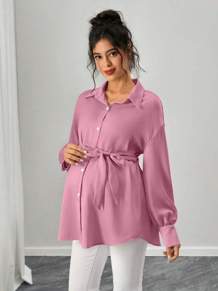 Maternity Casual Shirt - Shirt Collar, Single Breasted, Drop Shoulder, Oversized, Black