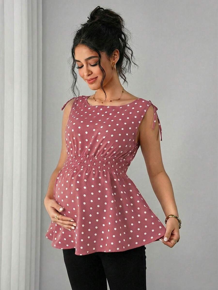 Maternity Polka Dot Print Knotted Shoulder & Waist Tunic - Stylish Geometric Shirred Boat Neck Sleeveless Tank Top in Apricot