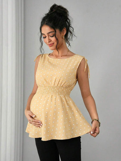 Apricot Geometric Print Shirred Boat Neck Maternity Tank Top - Casual Regular Fit Sleeveless Cami for Home and Everyday Wear