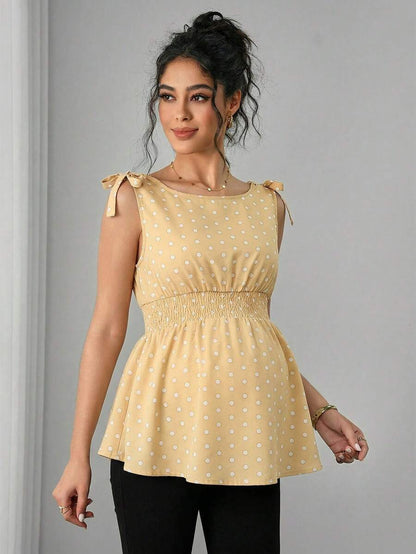 Apricot Geometric Print Shirred Boat Neck Maternity Tank Top - Casual Regular Fit Sleeveless Cami for Home and Everyday Wear