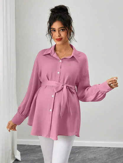 Maternity Casual Shirt - Shirt Collar, Single Breasted, Drop Shoulder, Oversized, Black