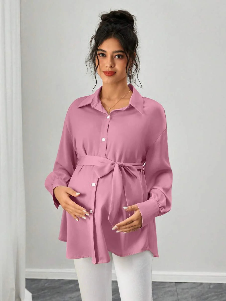 Maternity Casual Shirt - Shirt Collar, Single Breasted, Drop Shoulder, Oversized, Black