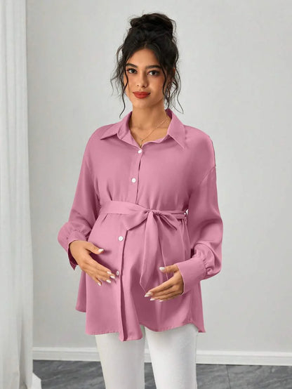 Maternity Casual Shirt - Shirt Collar, Single Breasted, Drop Shoulder, Oversized, Black