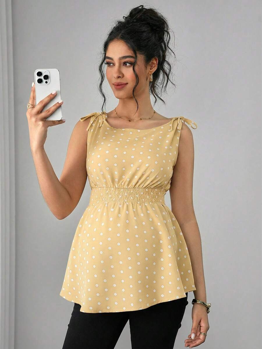 Apricot Geometric Print Shirred Boat Neck Maternity Tank Top - Casual Regular Fit Sleeveless Cami for Home and Everyday Wear
