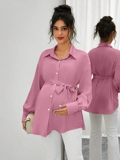 Maternity Casual Shirt - Shirt Collar, Single Breasted, Drop Shoulder, Oversized, Black