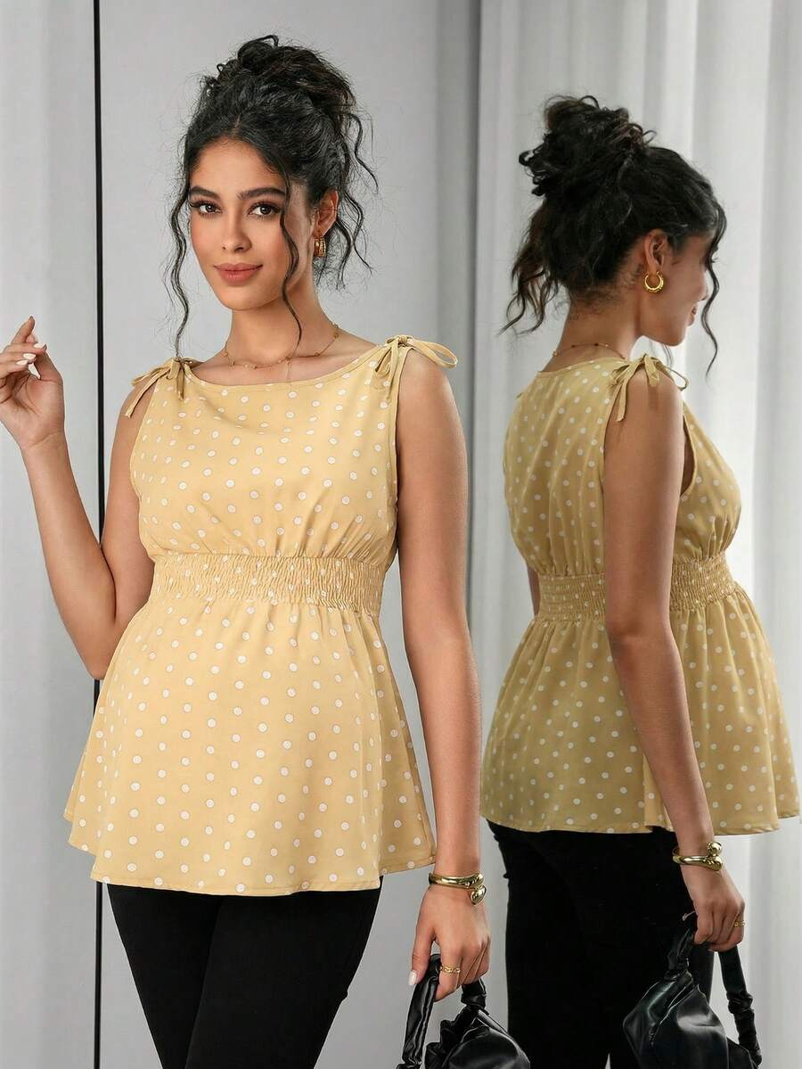 Maternity Polka Dot Print Knotted Shoulder & Waist Tunic - Stylish Geometric Shirred Boat Neck Sleeveless Tank Top in Apricot