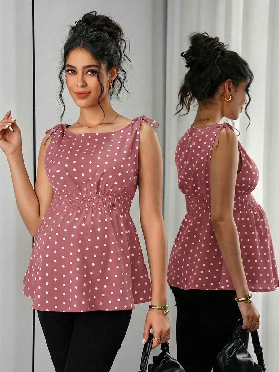 Maternity Polka Dot Print Knotted Shoulder & Waist Tunic - Stylish Geometric Shirred Boat Neck Sleeveless Tank Top in Apricot