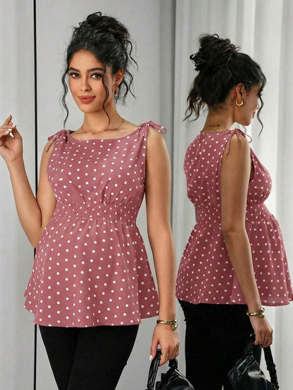 Maternity Polka Dot Print Knotted Shoulder & Waist Tunic - Stylish Geometric Shirred Boat Neck Sleeveless Tank Top in Apricot