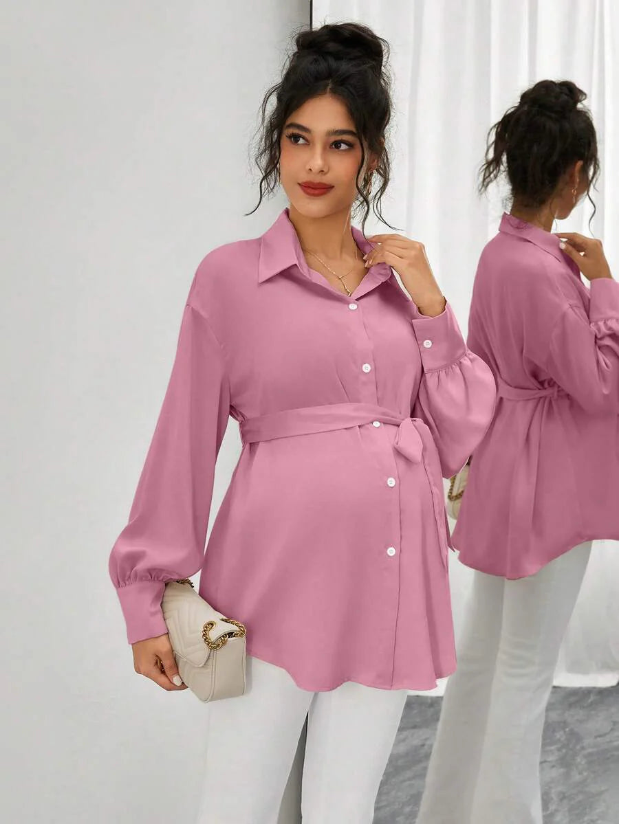 Maternity Casual Shirt - Shirt Collar, Single Breasted, Drop Shoulder, Oversized, Black