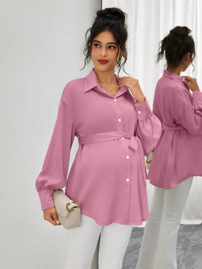 Maternity Casual Shirt - Shirt Collar, Single Breasted, Drop Shoulder, Oversized, Black