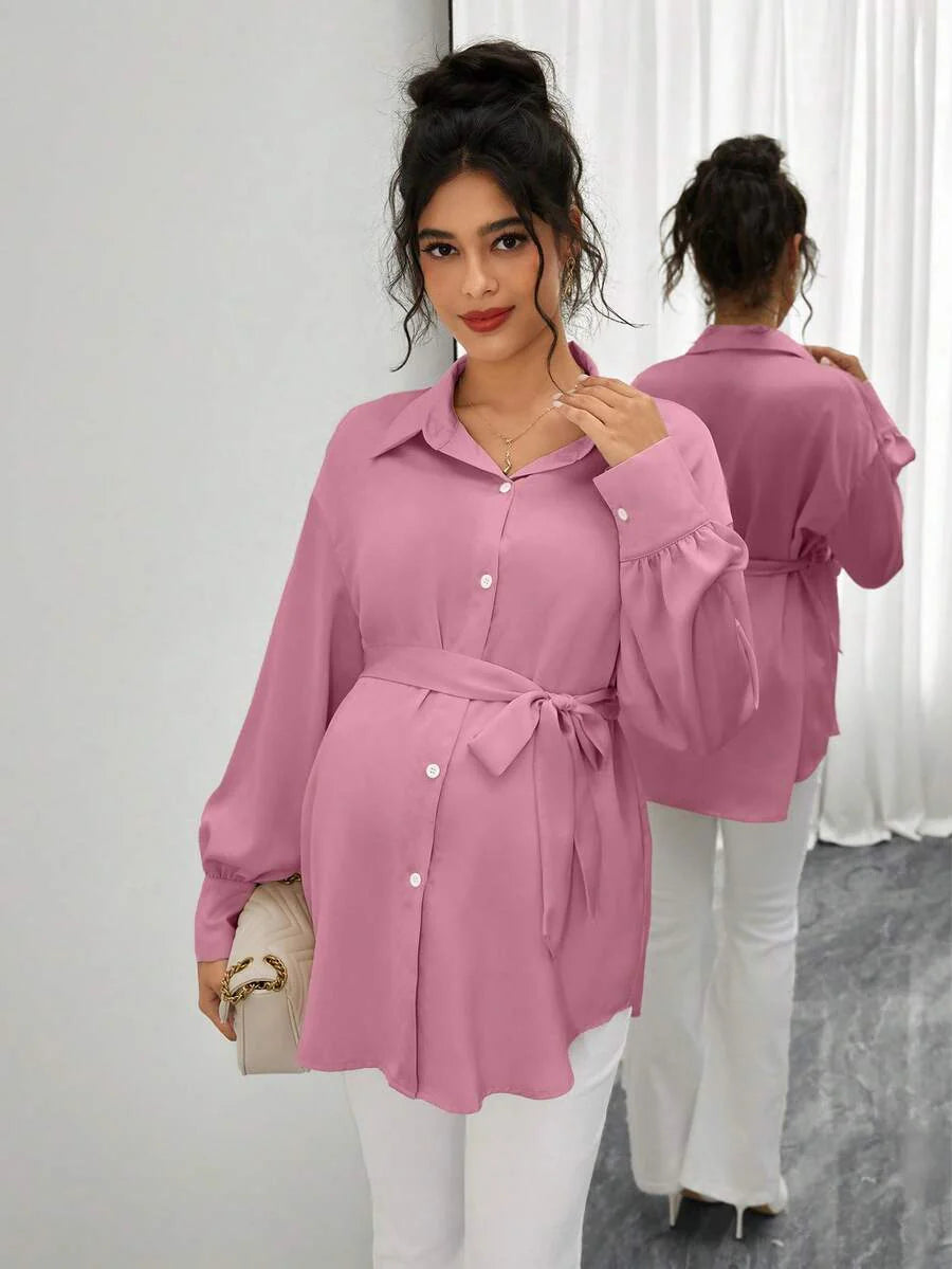 Maternity Casual Shirt - Shirt Collar, Single Breasted, Drop Shoulder, Oversized, Black