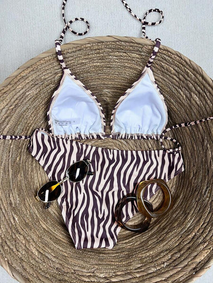 Women's Solid Halter Bikini Set - Lace Up, High Waist, Tie Detail, White