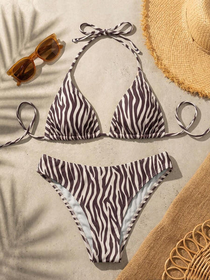 Women's Halter Neck Tie Bikini Set - Lace Up, High Waist, Solid Black