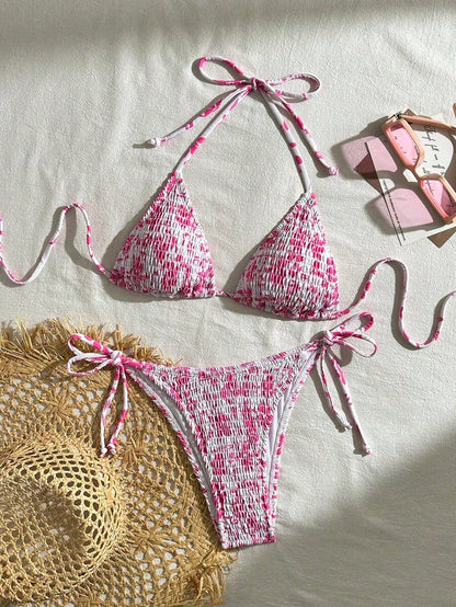 Swim Vcay Women's Ruched Tropical Print Halter Neck Tied Swimsuit And Bikini Set, Summer Beach Vacation