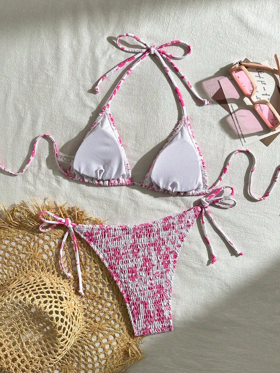 Swim Vcay Women's Ruched Tropical Print Halter Neck Tied Swimsuit And Bikini Set, Summer Beach Vacation
