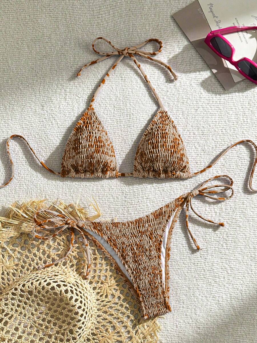 Swim Vcay Women's Ruched Tropical Print Halter Neck Tied Swimsuit And Bikini Set, Summer Beach Vacation