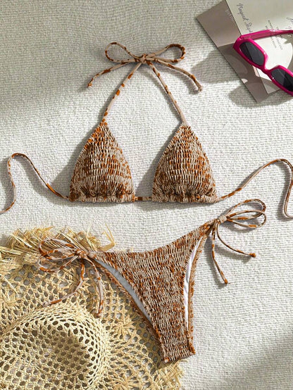 Swim Vcay Women's Ruched Tropical Print Halter Neck Tied Swimsuit And Bikini Set, Summer Beach Vacation