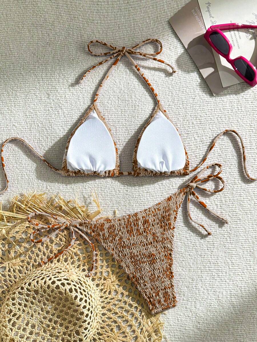 Swim Vcay Women's Ruched Tropical Print Halter Neck Tied Swimsuit And Bikini Set, Summer Beach Vacation