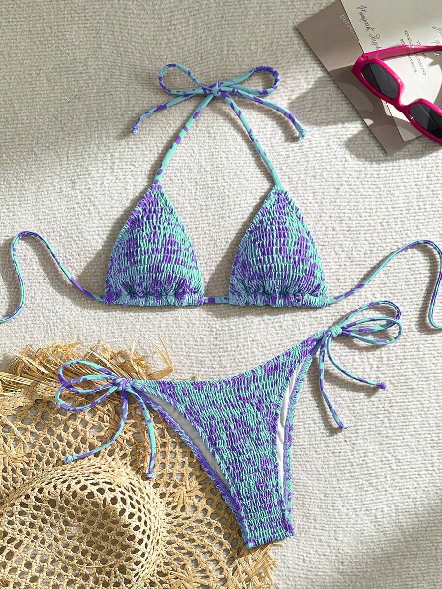 Swim Vcay Women's Ruched Tropical Print Halter Neck Tied Swimsuit And Bikini Set, Summer Beach Vacation