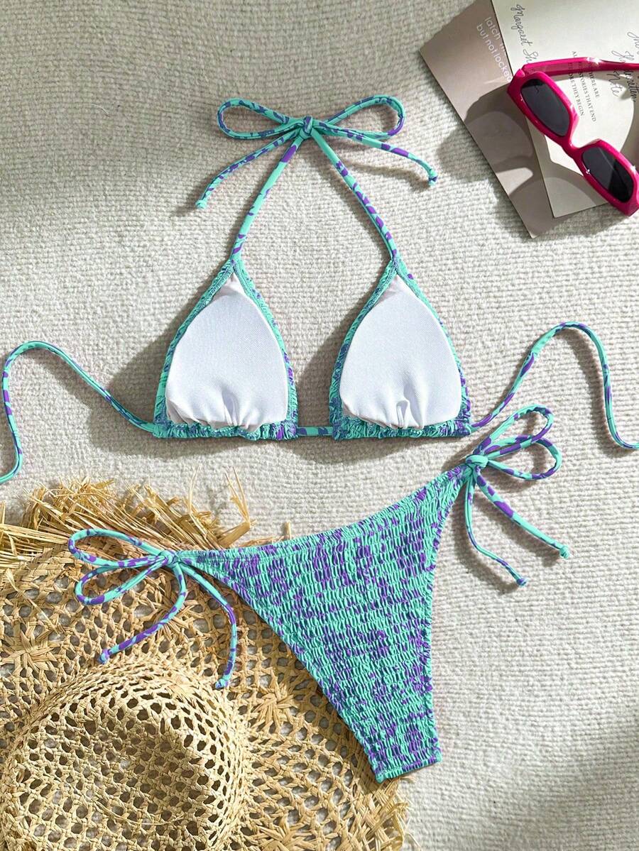 Women's 2-Piece Leopard Print Bikini Set - Ruffled Halter Strap, High Waist, Multicolor
