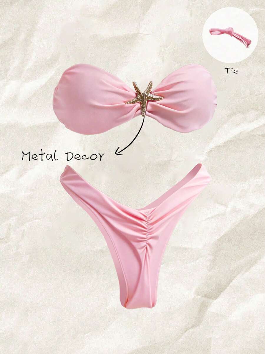 Swim Vcay Women's Solid Color Spaghetti Strap Starfish Metal Decor Sexy Bikini Set, Summer
