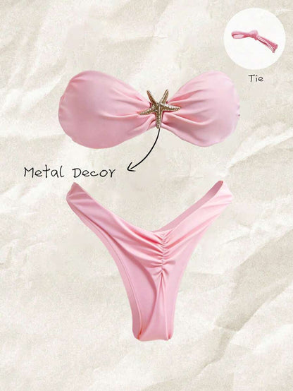 Swim Vcay Women's Solid Color Spaghetti Strap Starfish Metal Decor Sexy Bikini Set, Summer