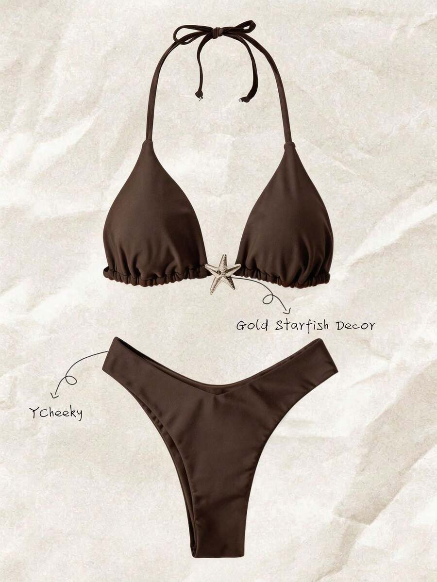 Swim Vcay Women's Solid Color Spaghetti Strap Metal Decor Sexy Bikini Set, Summer