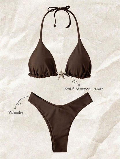 Swim Vcay Women's Solid Color Spaghetti Strap Metal Decor Sexy Bikini Set, Summer