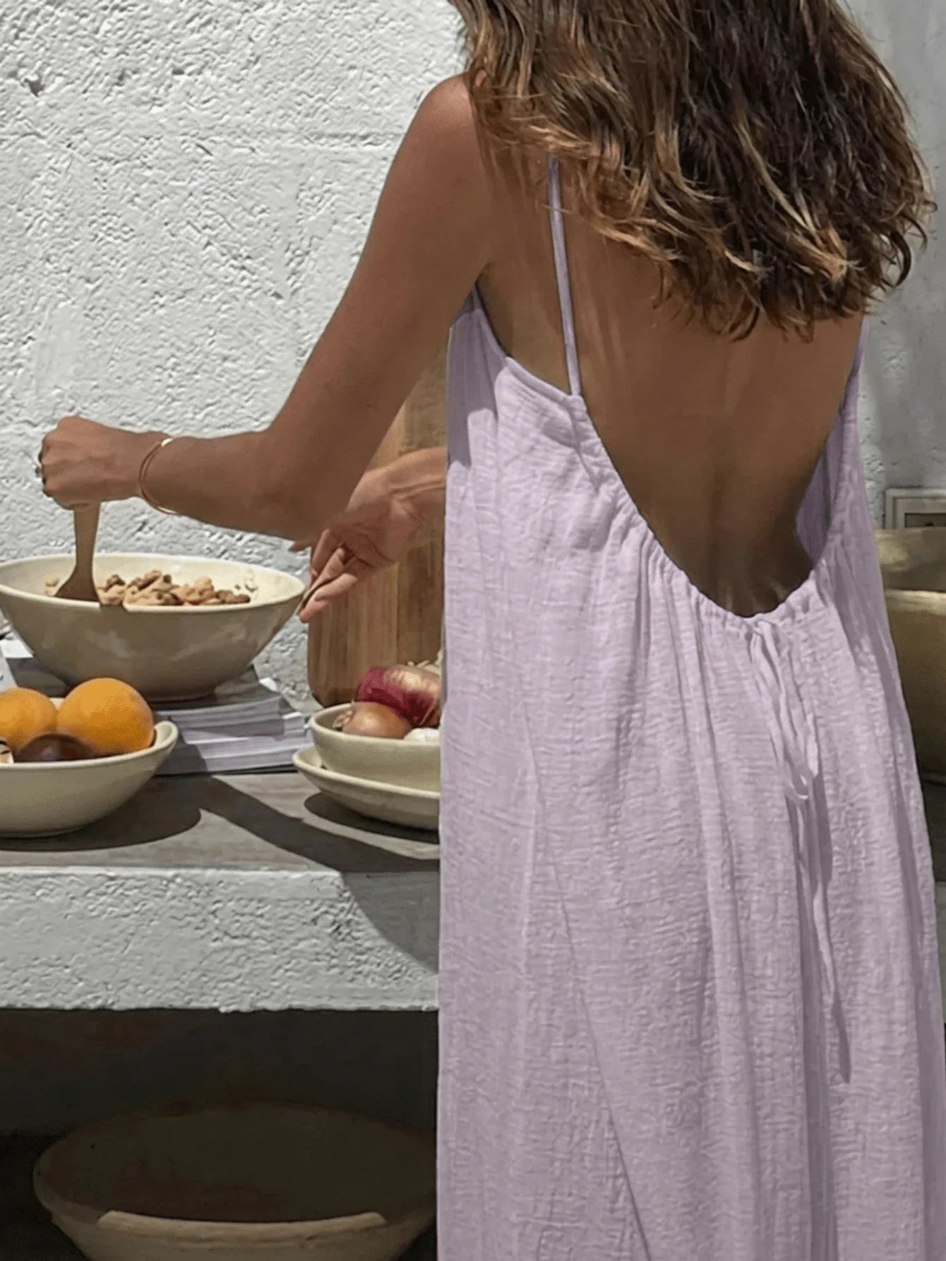 Women Backless Cami Lounge Dress Sleeveless Solid Color Long Sundress with Back Tie