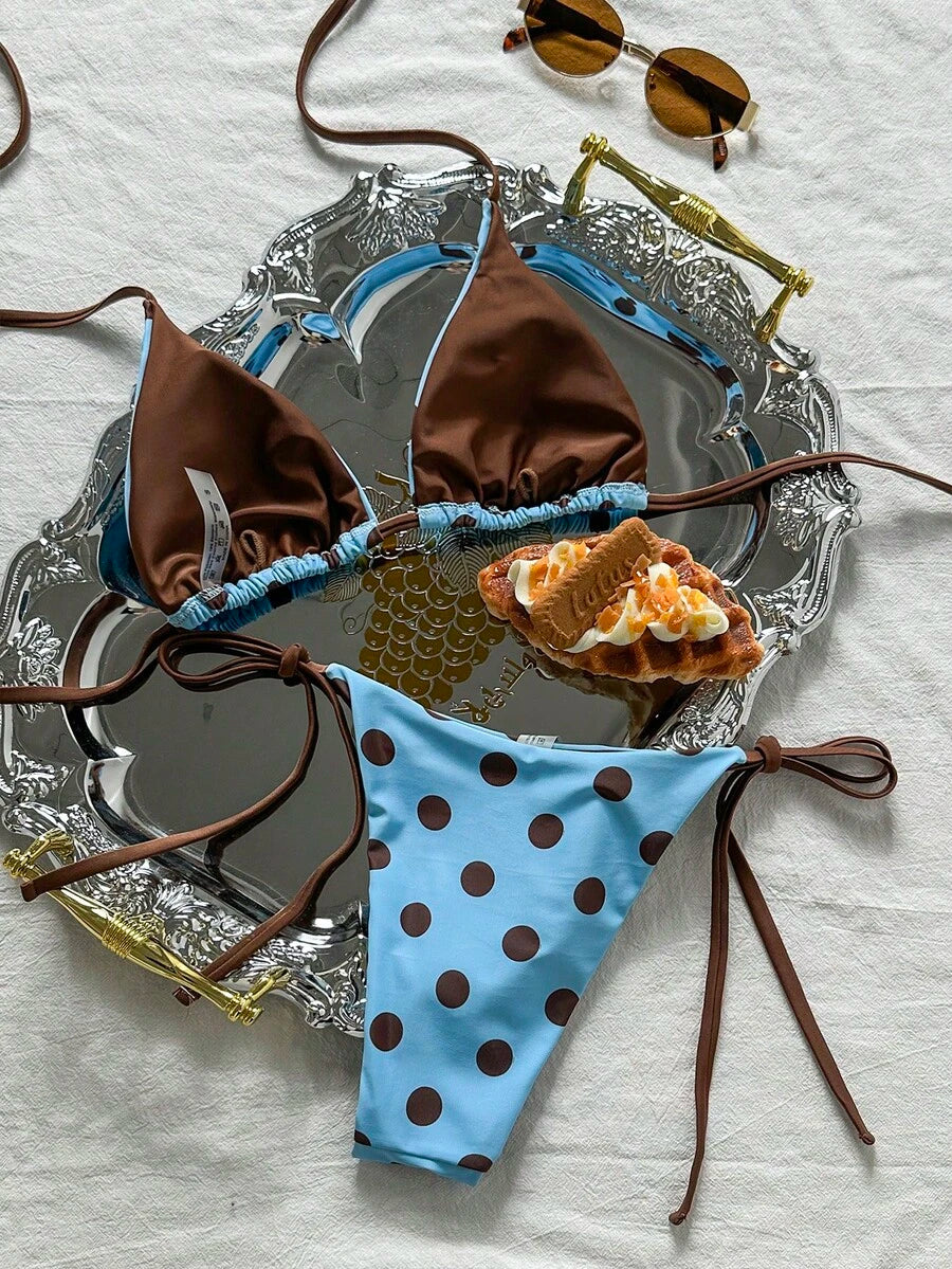 Swim Vcay Women's Summer Beach Contrast Color Halter Tie Sexy Bikini And Triangle Panty Swimwear Set Blue Bikini Yacht Party Outfit Vacation Bikini Boat Party Outfit Women Tie Side Bikini Triangle Bikini Set Light Blue Bikini