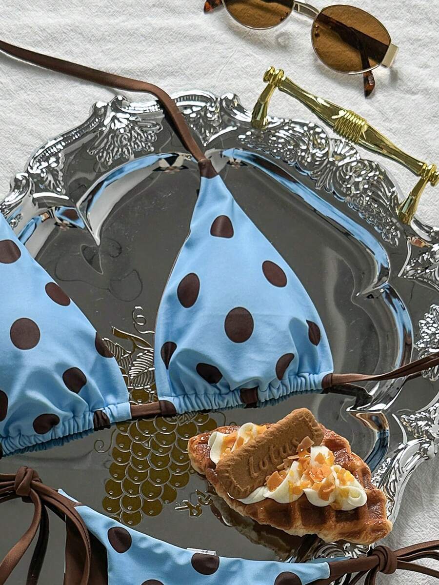 Swim Vcay Women's Summer Beach Contrast Color Halter Tie Sexy Bikini And Triangle Panty Swimwear Set Blue Bikini Yacht Party Outfit Vacation Bikini Boat Party Outfit Women Tie Side Bikini Triangle Bikini Set Light Blue Bikini