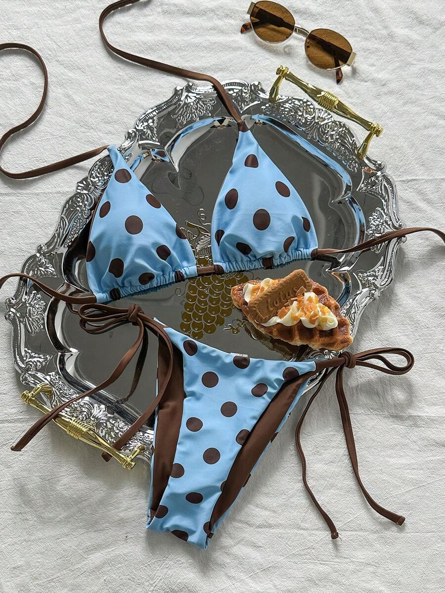Swim Vcay Women's Summer Beach Contrast Color Halter Tie Sexy Bikini And Triangle Panty Swimwear Set Blue Bikini Yacht Party Outfit Vacation Bikini Boat Party Outfit Women Tie Side Bikini Triangle Bikini Set Light Blue Bikini