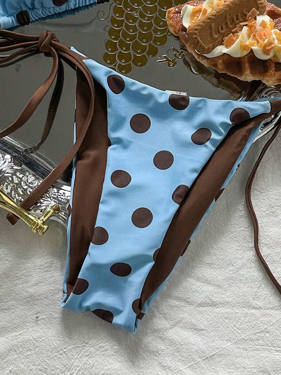 Swim Vcay Women's Summer Beach Contrast Color Halter Tie Sexy Bikini And Triangle Panty Swimwear Set Blue Bikini Yacht Party Outfit Vacation Bikini Boat Party Outfit Women Tie Side Bikini Triangle Bikini Set Light Blue Bikini