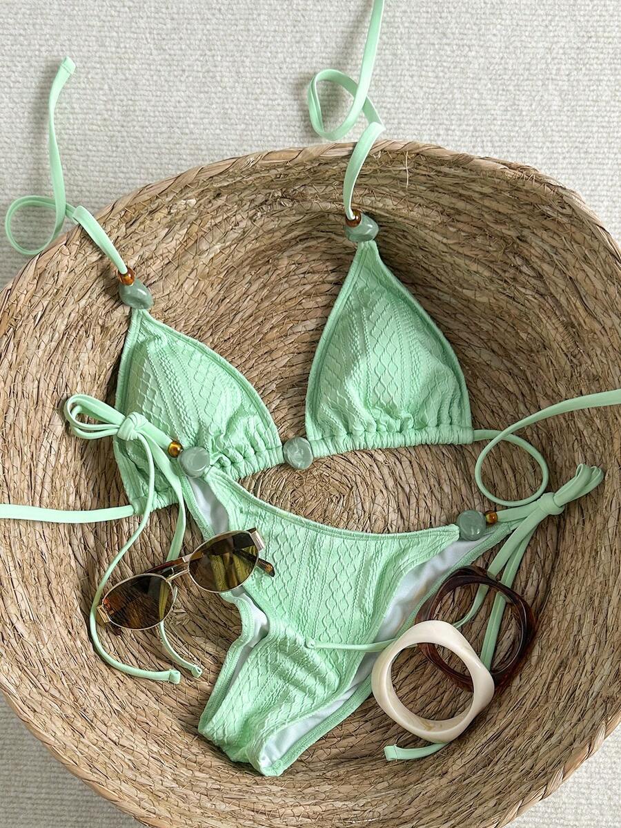 Swim Vcay 2026 Spring/Summer Green Special Fabric Women's Swimwear, Spaghetti Strap Halter Solid Color Sexy Side Tie Thong Bikini Two-Piece Swimwear Teal Bikini Tie Bikini Set Textured Bikini Triangle Bikini Triangle Bikini Set