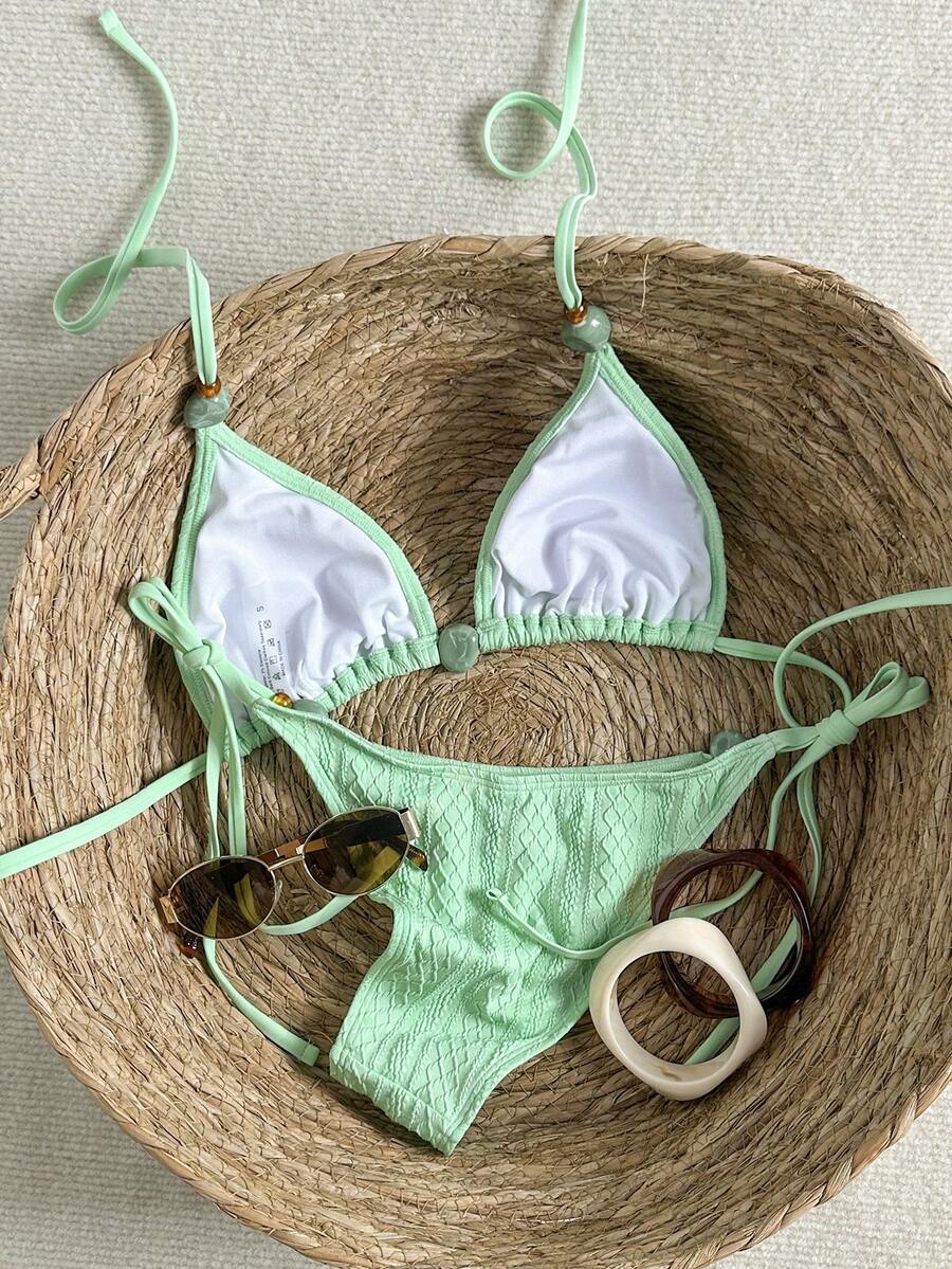 Swim Vcay 2026 Spring/Summer Green Special Fabric Women's Swimwear, Spaghetti Strap Halter Solid Color Sexy Side Tie Thong Bikini Two-Piece Swimwear Teal Bikini Tie Bikini Set Textured Bikini Triangle Bikini Triangle Bikini Set