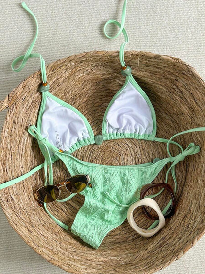 Swim Vcay 2026 Spring/Summer Green Special Fabric Women's Swimwear, Spaghetti Strap Halter Solid Color Sexy Side Tie Thong Bikini Two-Piece Swimwear Teal Bikini Tie Bikini Set Textured Bikini Triangle Bikini Triangle Bikini Set