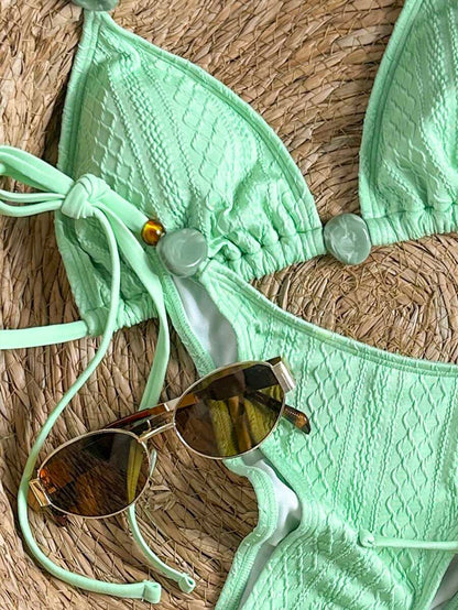 Swim Vcay 2026 Spring/Summer Green Special Fabric Women's Swimwear, Spaghetti Strap Halter Solid Color Sexy Side Tie Thong Bikini Two-Piece Swimwear Teal Bikini Tie Bikini Set Textured Bikini Triangle Bikini Triangle Bikini Set