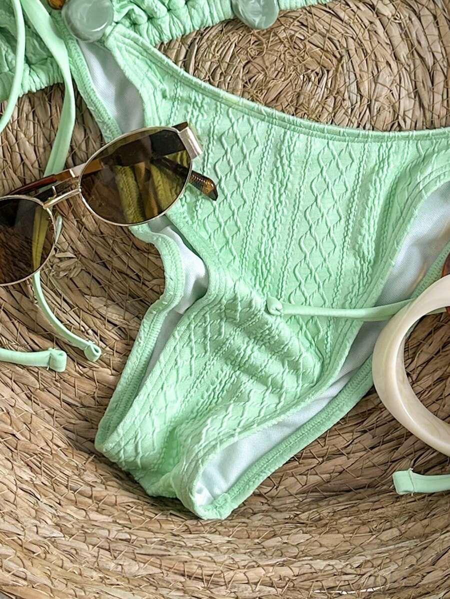 Swim Vcay 2026 Spring/Summer Green Special Fabric Women's Swimwear, Spaghetti Strap Halter Solid Color Sexy Side Tie Thong Bikini Two-Piece Swimwear Teal Bikini Tie Bikini Set Textured Bikini Triangle Bikini Triangle Bikini Set