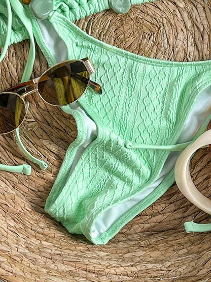 Swim Vcay 2026 Spring/Summer Green Special Fabric Women's Swimwear, Spaghetti Strap Halter Solid Color Sexy Side Tie Thong Bikini Two-Piece Swimwear Teal Bikini Tie Bikini Set Textured Bikini Triangle Bikini Triangle Bikini Set