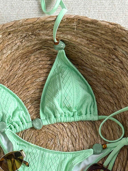 Swim Vcay 2026 Spring/Summer Green Special Fabric Women's Swimwear, Spaghetti Strap Halter Solid Color Sexy Side Tie Thong Bikini Two-Piece Swimwear Teal Bikini Tie Bikini Set Textured Bikini Triangle Bikini Triangle Bikini Set