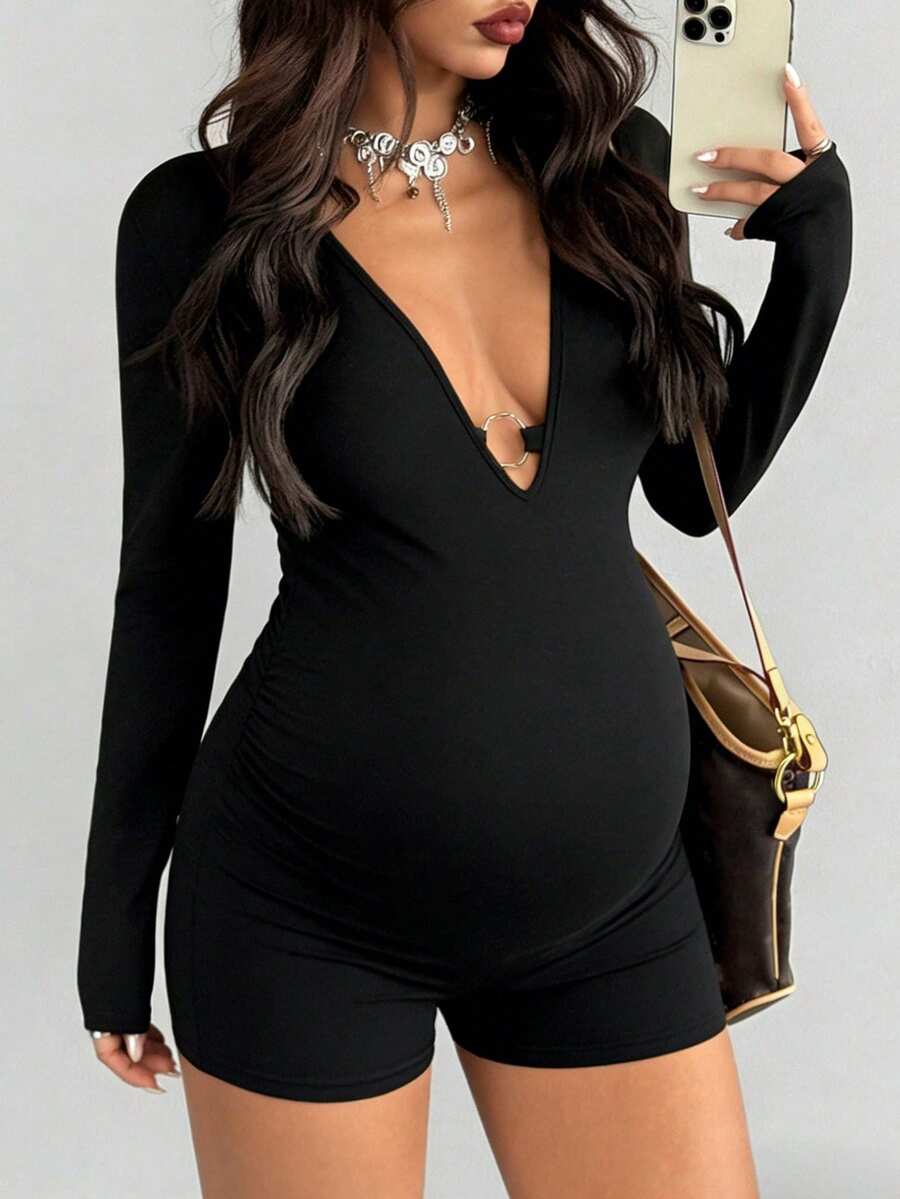Black Maternity Short Sleeve Jumpsuit – Tight Casual Sport Romper