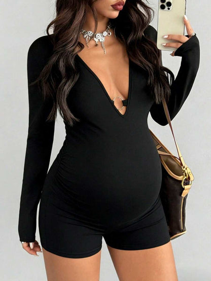 Black Maternity Short Sleeve Jumpsuit – Tight Casual Sport Romper
