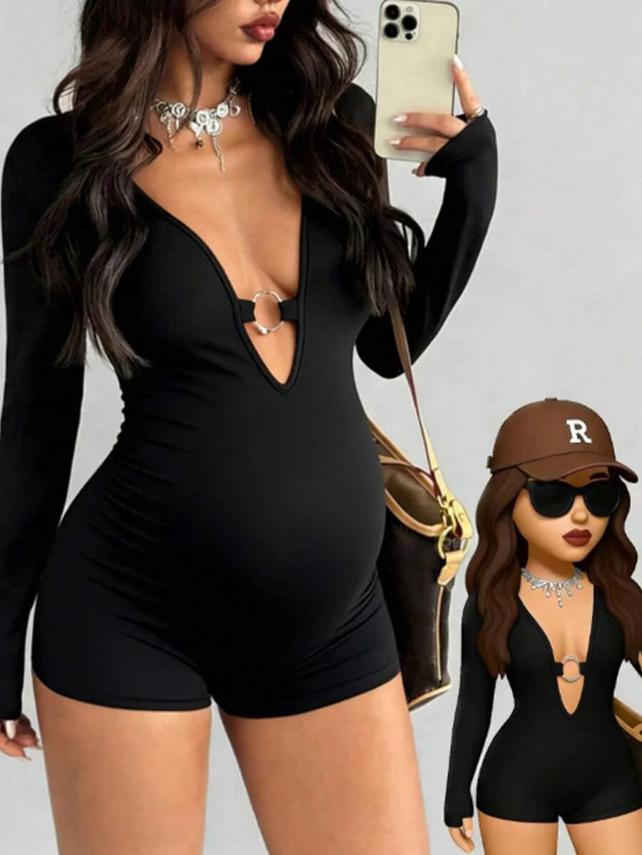 Black Maternity Short Sleeve Jumpsuit – Tight Casual Sport Romper