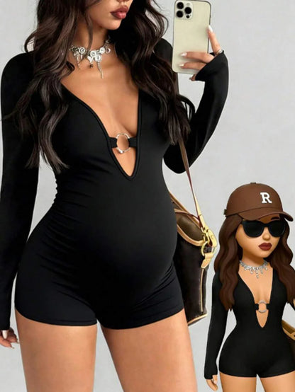 Black Maternity Short Sleeve Jumpsuit – Tight Casual Sport Romper