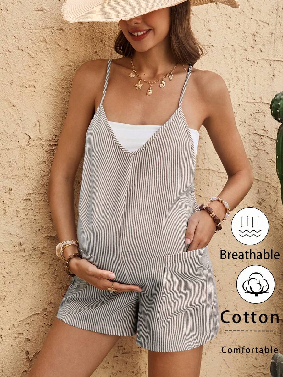 Coffee Brown Striped V-Neck Maternity Romper - Sleeveless Cotton Summer Vacation Jumpsuit with Bow Detail and Loose Fit